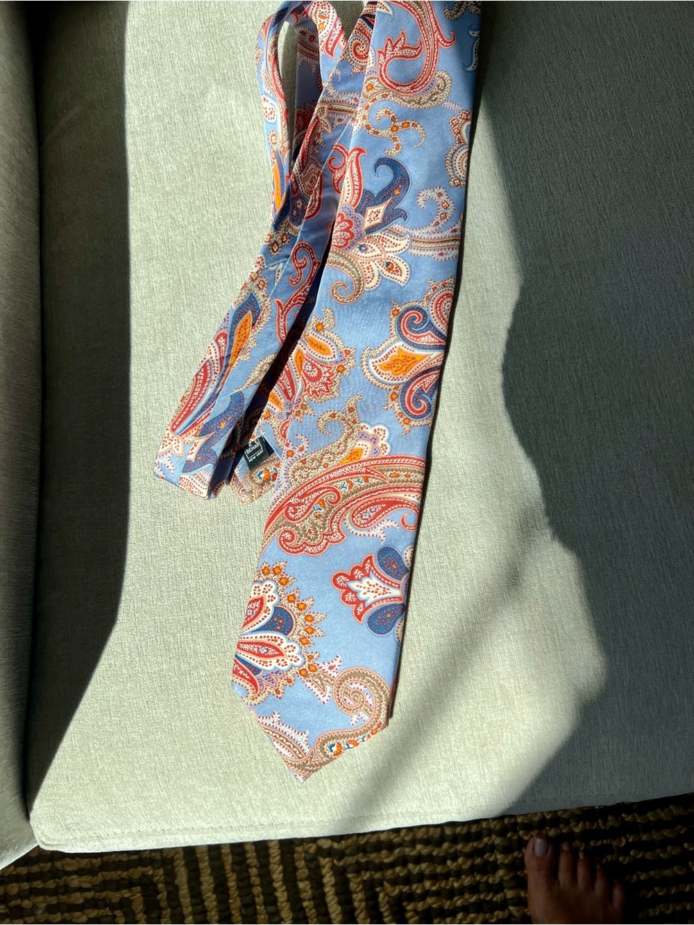 Ike Behar Light Blue Paisley Silk Tie with Orange & Red Accents